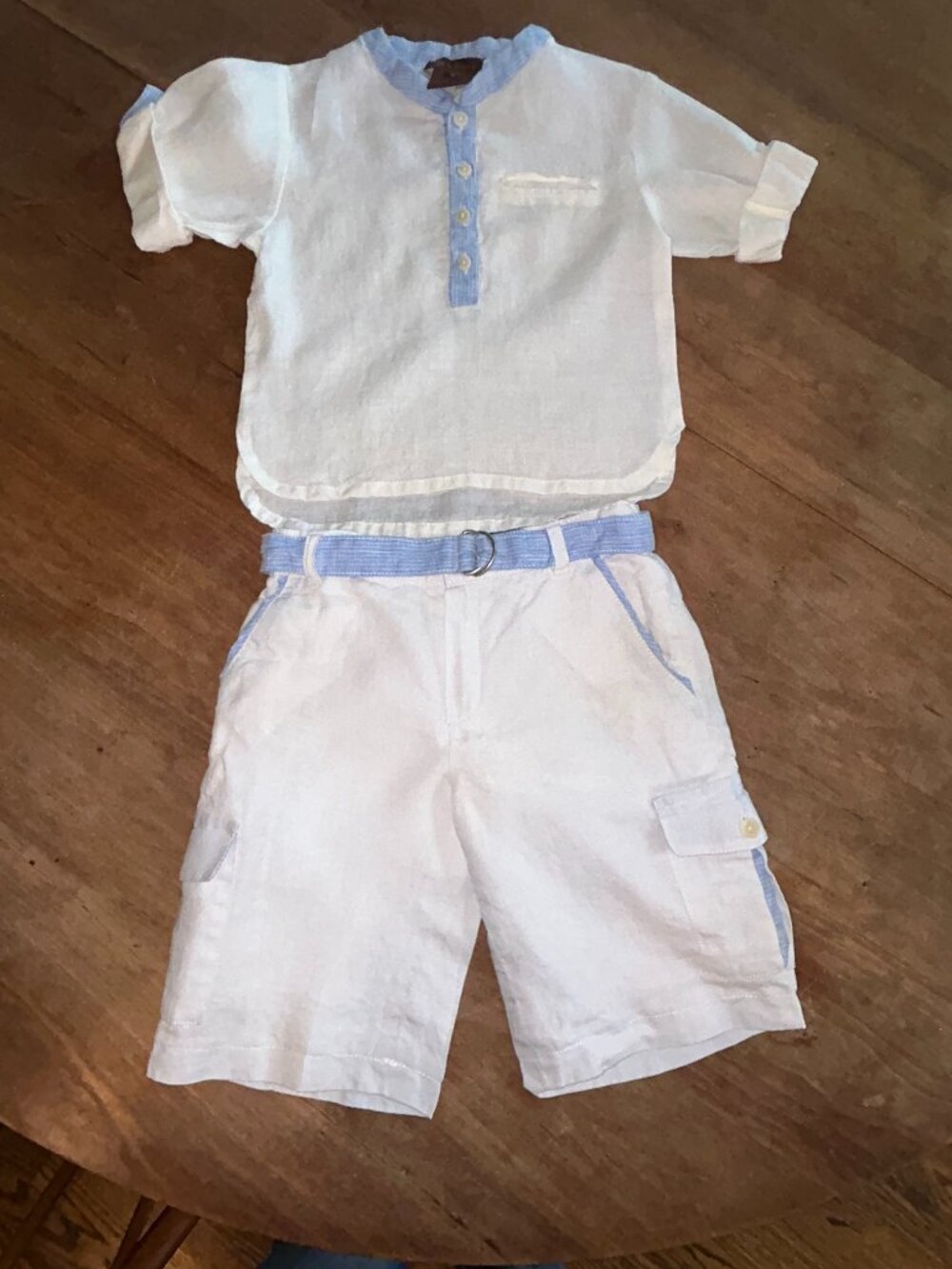 LEON  Boys White Italian Linen 2 piece outfit, Blue Trim, sz 4t